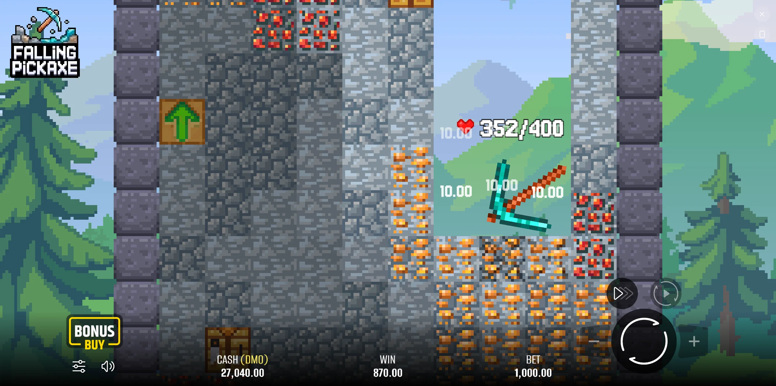 Поле Falling Pickaxe с киркой над блоками шахты