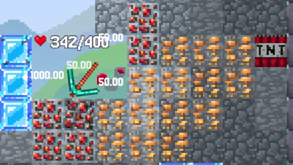 Поле Falling Pickaxe с золотой рудой и TNT